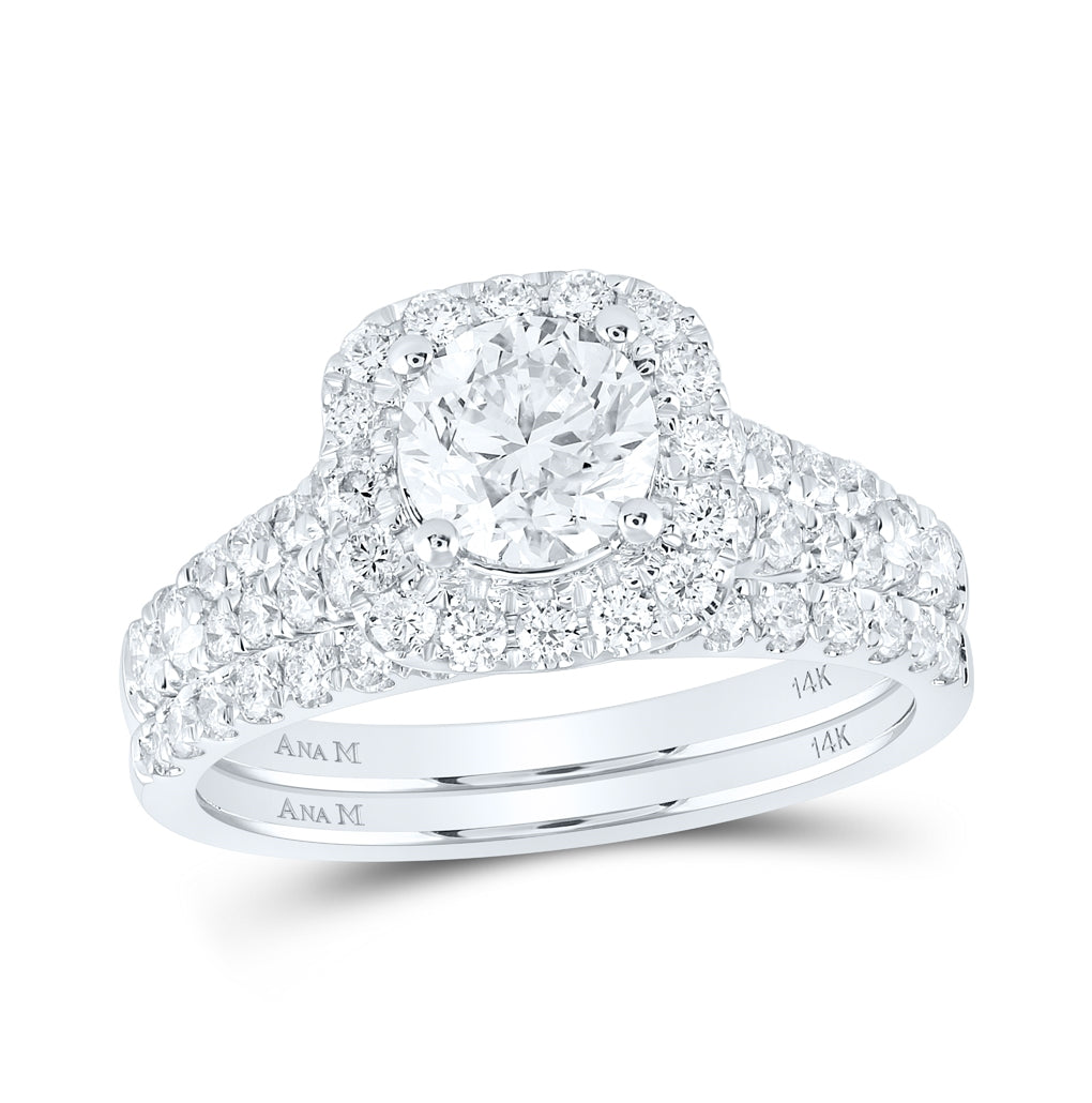 14K White Gold Round Dia. Halo Bridal Wedding Ring Band Set 2ctw, Women's Size: 5-10