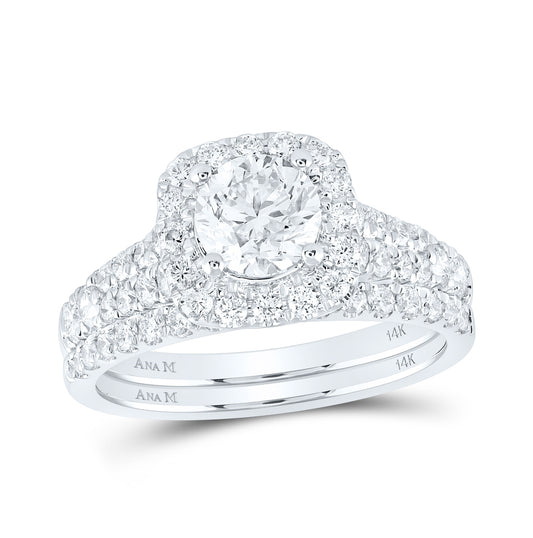 14K White Gold Round Dia. Halo Bridal Wedding Ring Band Set 2ctw, Women's Size: 5-10