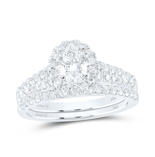 14K White Gold Oval Dia. Halo Bridal Wedding Band Set 1-1/2ctw, Women's Sz: 5-10