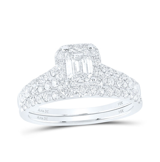 14K White Gold Emerald Diamond Halo Bridal Wedding Band Set 1-1/2ctw, Women's Size: 5-10