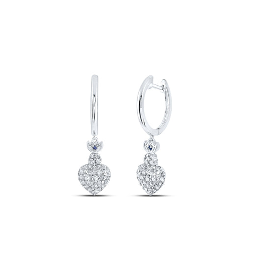 14K White Gold Womens Round Diamond Heart Hoop Dangle Earrings 1/2 Cttw