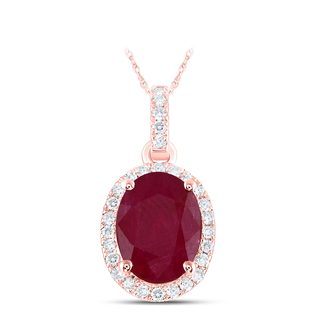 14K White Or Rose Gold Womens Oval Ruby Solitaire Diamond Halo Pendant