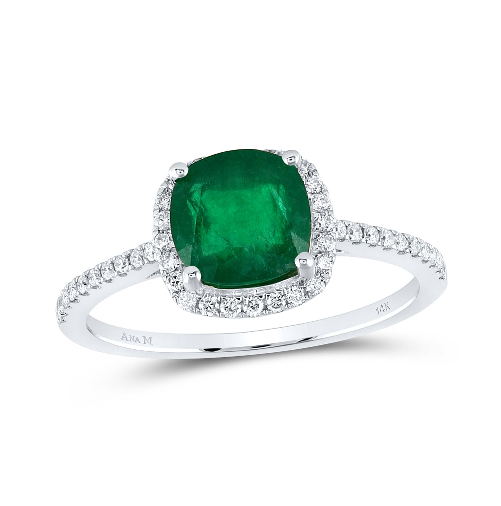14K White Gold Womens Cushion Emerald Diamond Halo Ring 1-7/8 Cttw, Womens Size: 5-10