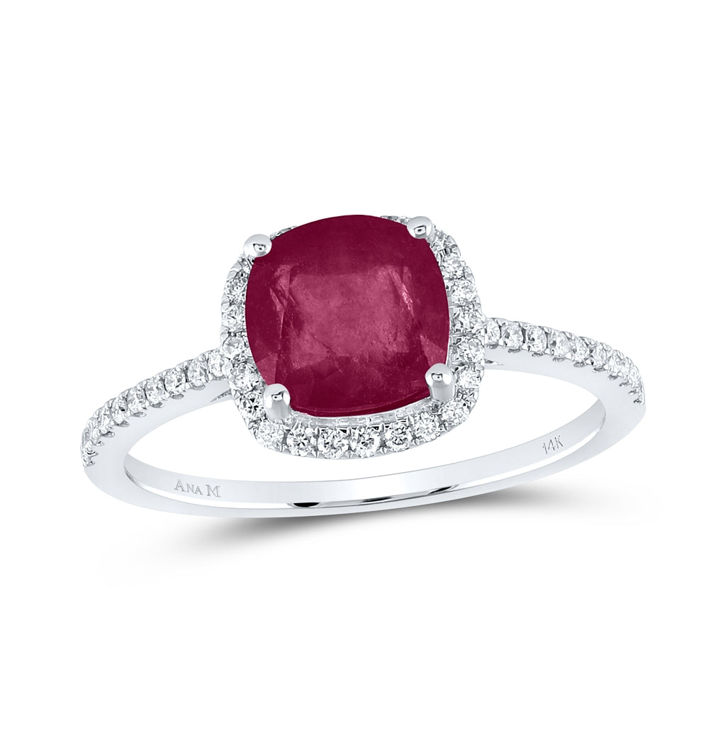 14K White Or Yellow Gold Womens Cushion Ruby Diamond Halo Ring, Womens Size: 5-10