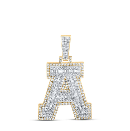 10K Yellow Gold Mens Baguette Diamond A Initial Letter Charm Pendant 1-1/4 Cttw
