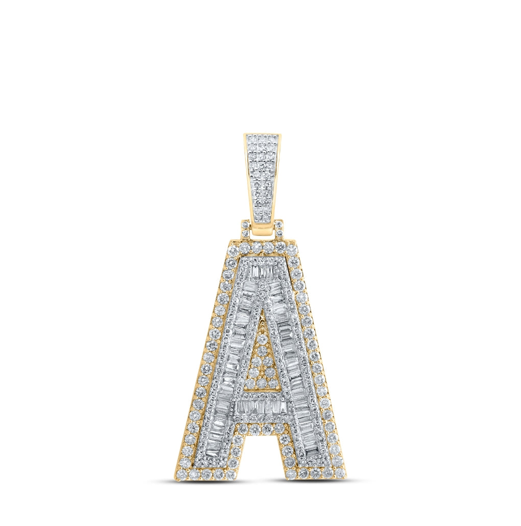 10K Yellow Gold Mens Baguette Diamond Initial Letter Charm Pendant