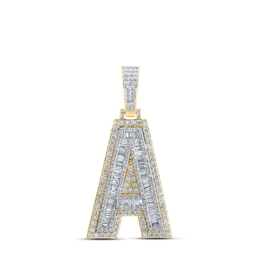10K Yellow Gold Mens Baguette Diamond Initial Letter Charm Pendant