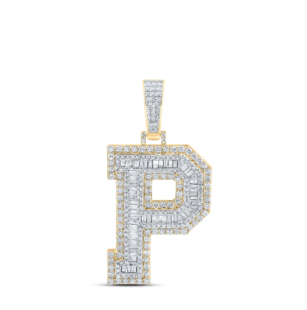 10K Yellow Gold Mens Baguette Diamond Initial Letter Charm Pendant