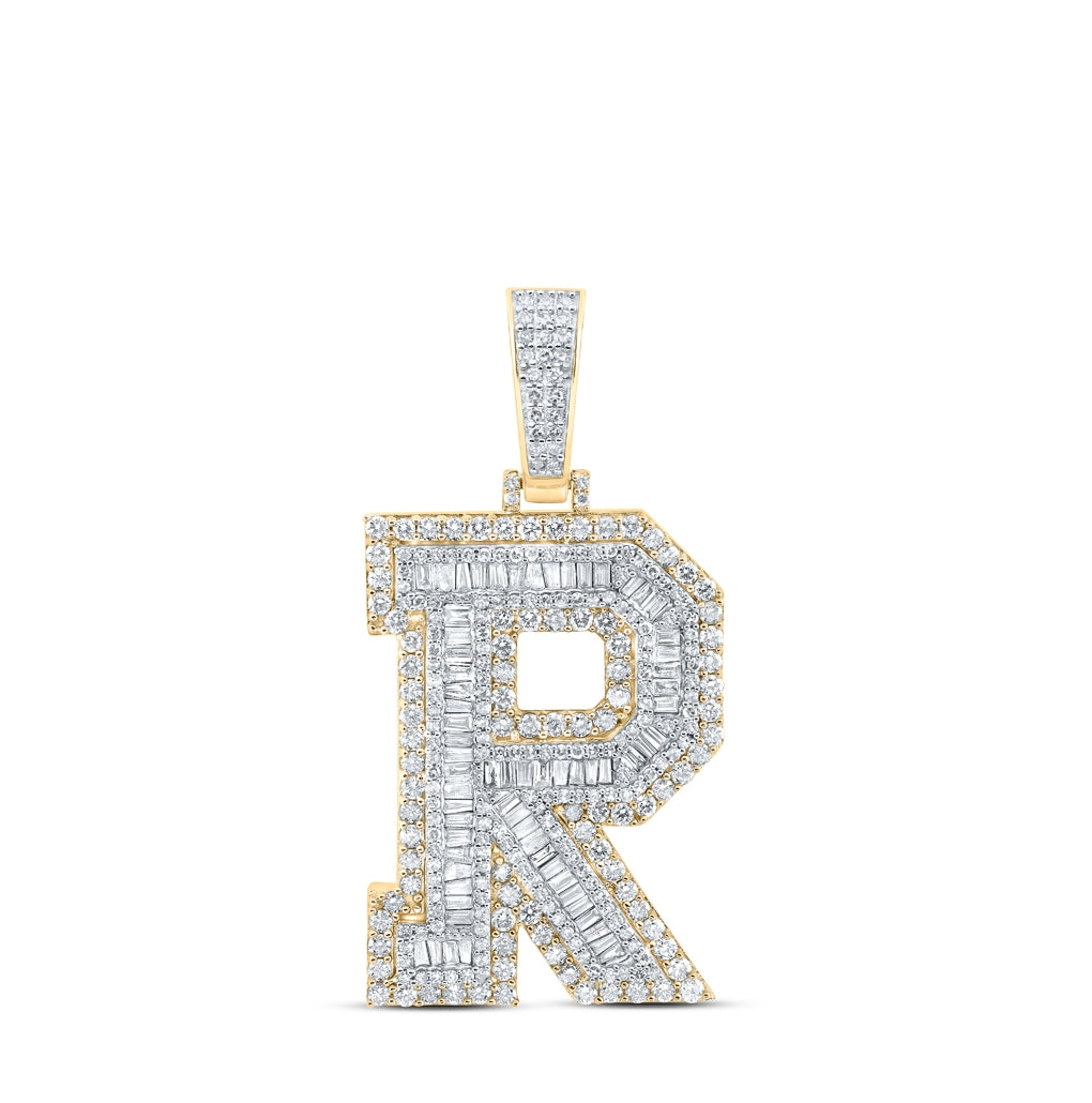 10K Yellow Gold Mens Baguette Diamond Initial Letter Charm Pendant