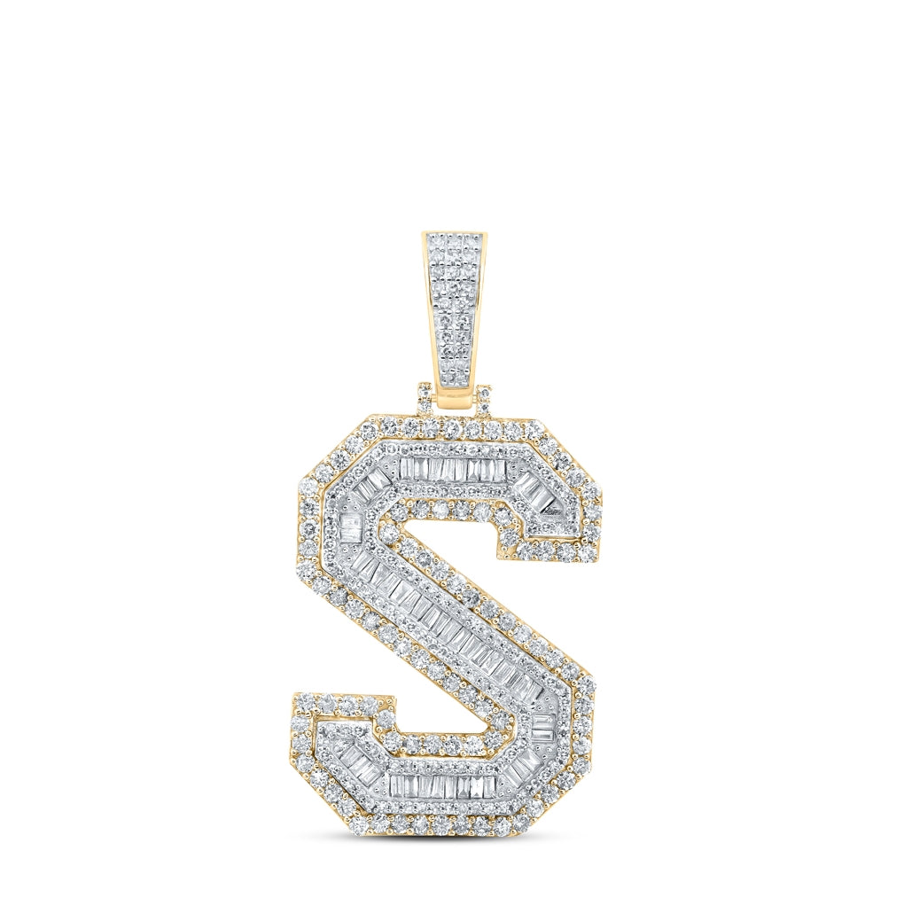 10K Yellow Gold Mens Baguette Diamond Initial Letter Charm Pendant