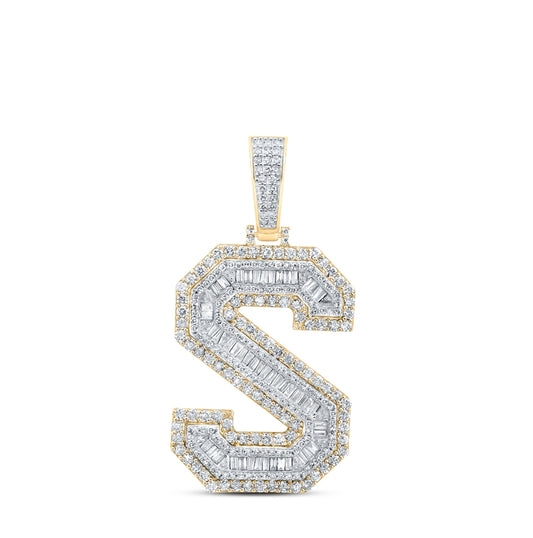 10K Yellow Gold Mens Baguette Diamond Initial Letter Charm Pendant