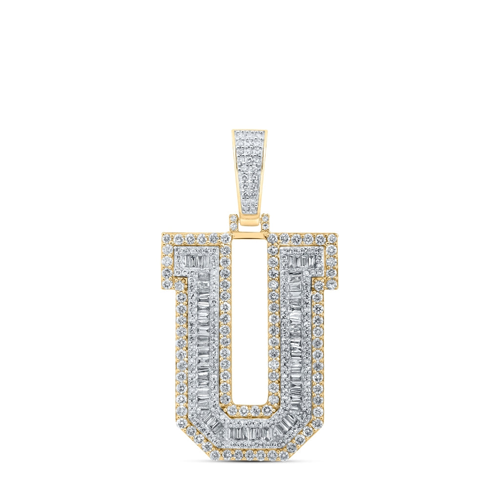 10K Yellow Gold Mens Baguette Diamond Initial Letter Charm Pendant