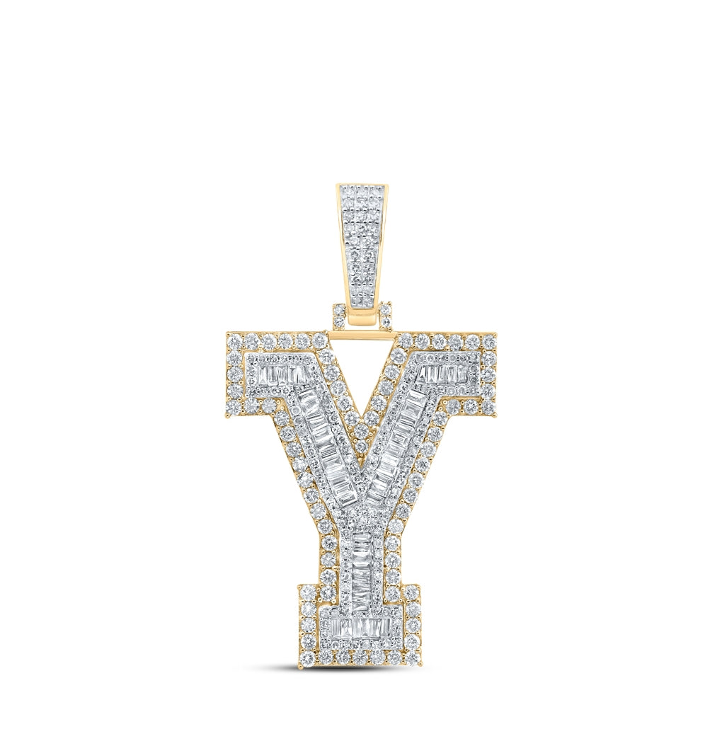 10K Yellow Gold Mens Baguette Diamond Initial Letter Charm Pendant