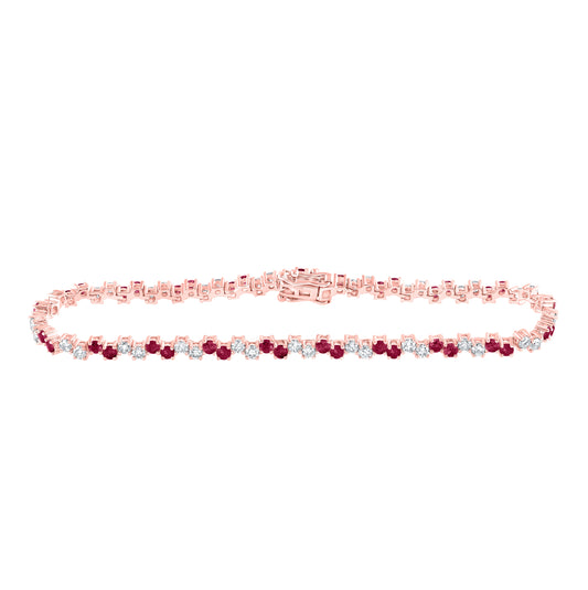 14K Rose Gold Womens Round Ruby Diamond Tennis Bracelet 3-5/8 Cttw