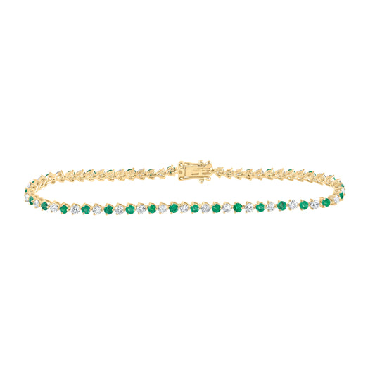 14K Yellow Gold Womens Round Emerald Diamond Tennis Bracelet 2-7/8 Cttw
