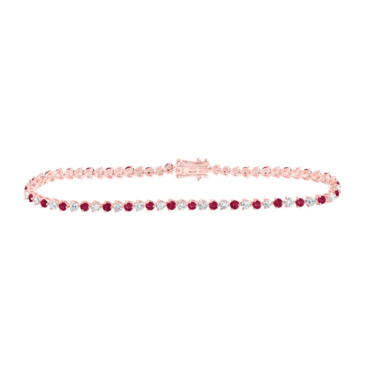 14K Rose Gold Womens Round Ruby Diamond Tennis Bracelet 3-3/8 Cttw