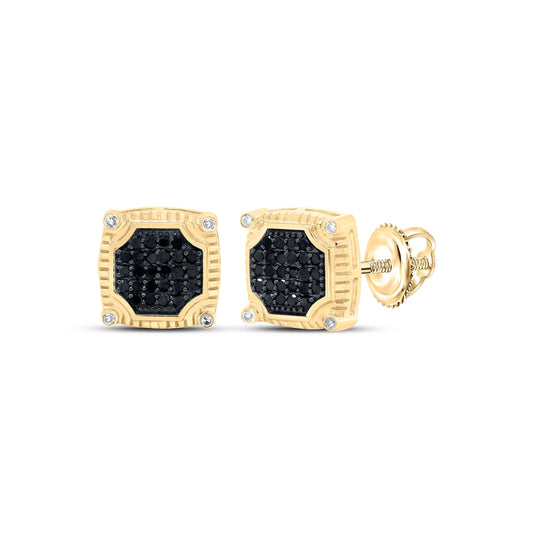 10K Yellow Gold Round Black Color Enhanced Diamond Square Earrings 1/3 Cttw