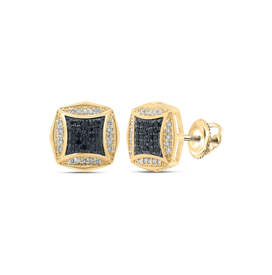 10K Yellow Gold Round Black Color Treated Diamond Square Earrings 1/4ctw