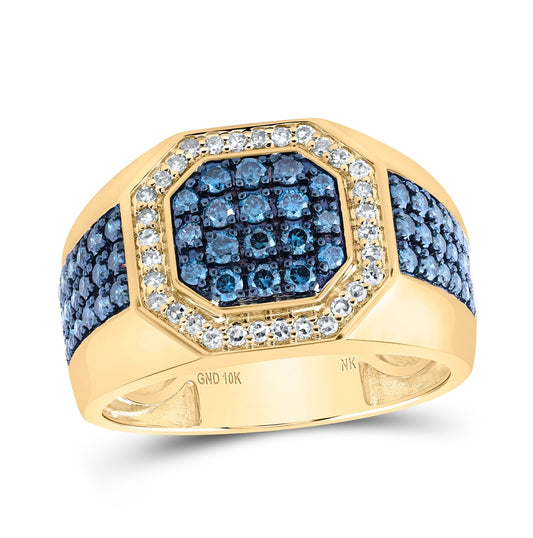 10K White Or Yellow Gold Mens Round Blue Color Treated Diamond Octagon Ring, Mens Size: 7-13