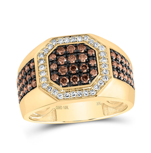 10K Yellow Gold Mens Round Brown Diamond Octagon Ring 1-1/5 Cttw, Mens Size: 7-13