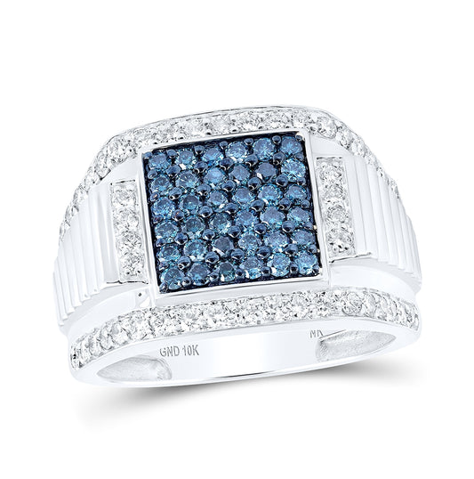 10K White Gold Mens Round Blue Color Treated Diamond Square Ring 1-5/8 Cttw, Mens Size: 7-13