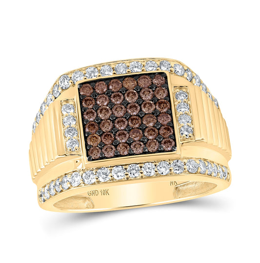 10K Yellow Gold Mens Round Brown Diamond Square Ring 1-5/8 Cttw, Mens Size: 7-13