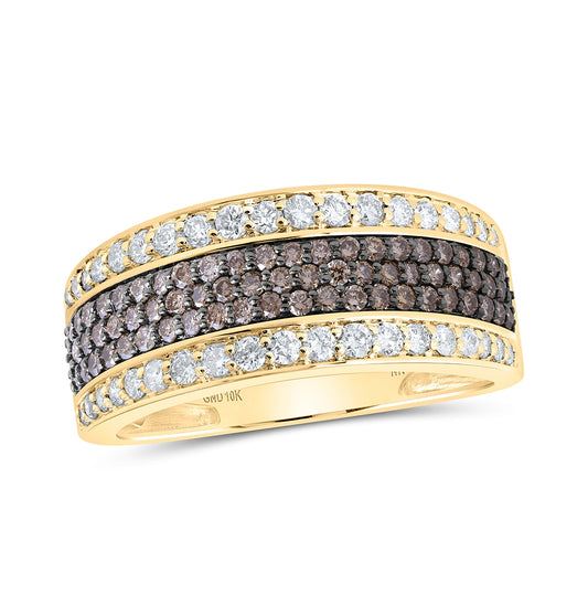 10K Yellow Gold Mens Round Brown Diamond Band Ring 1-1/4 Cttw, Mens Size: 7-13