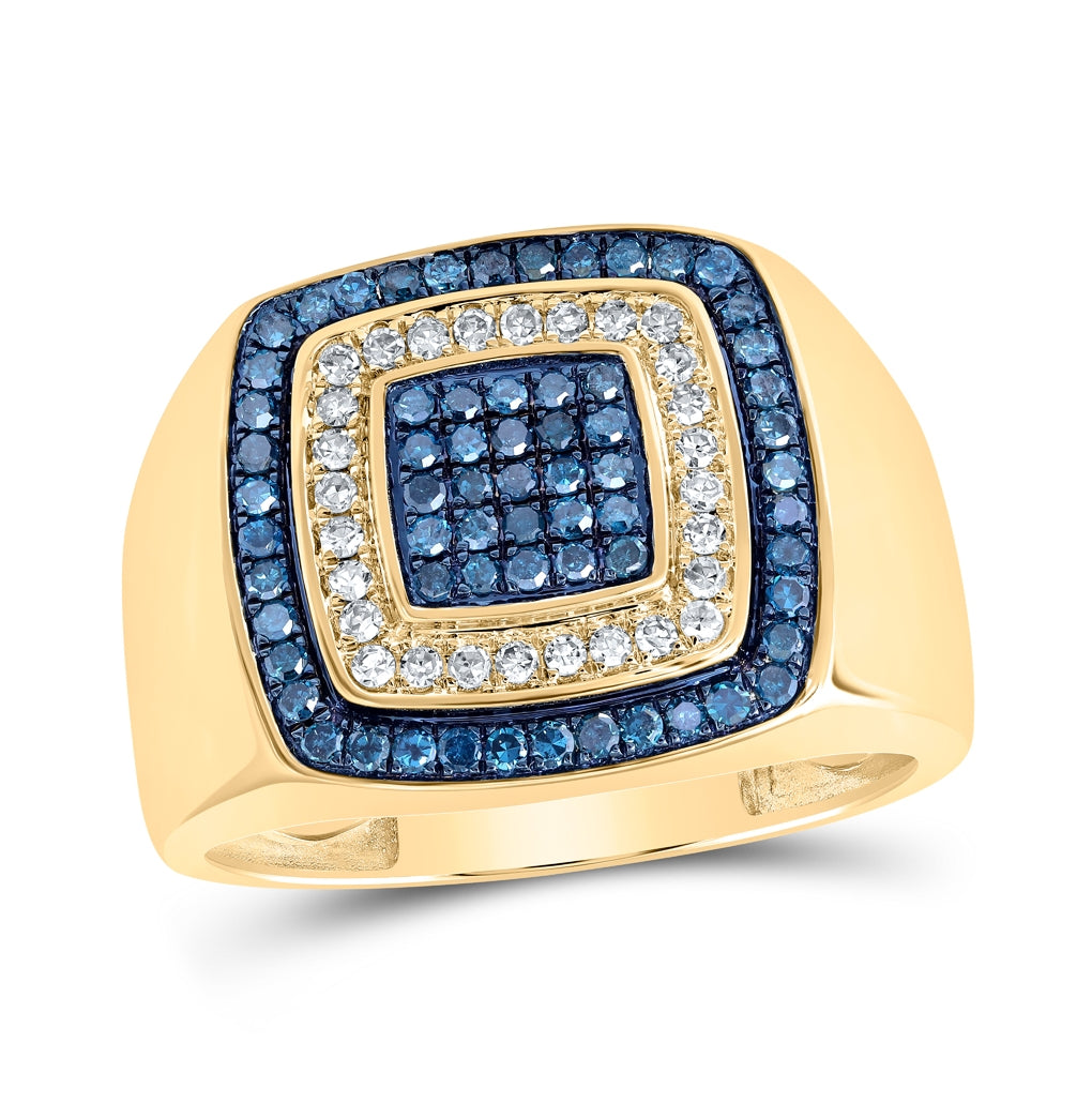 10K White Or Yellow Gold Mens Round Blue Color Treated Diamond Square Ring , Mens Size: 7-13