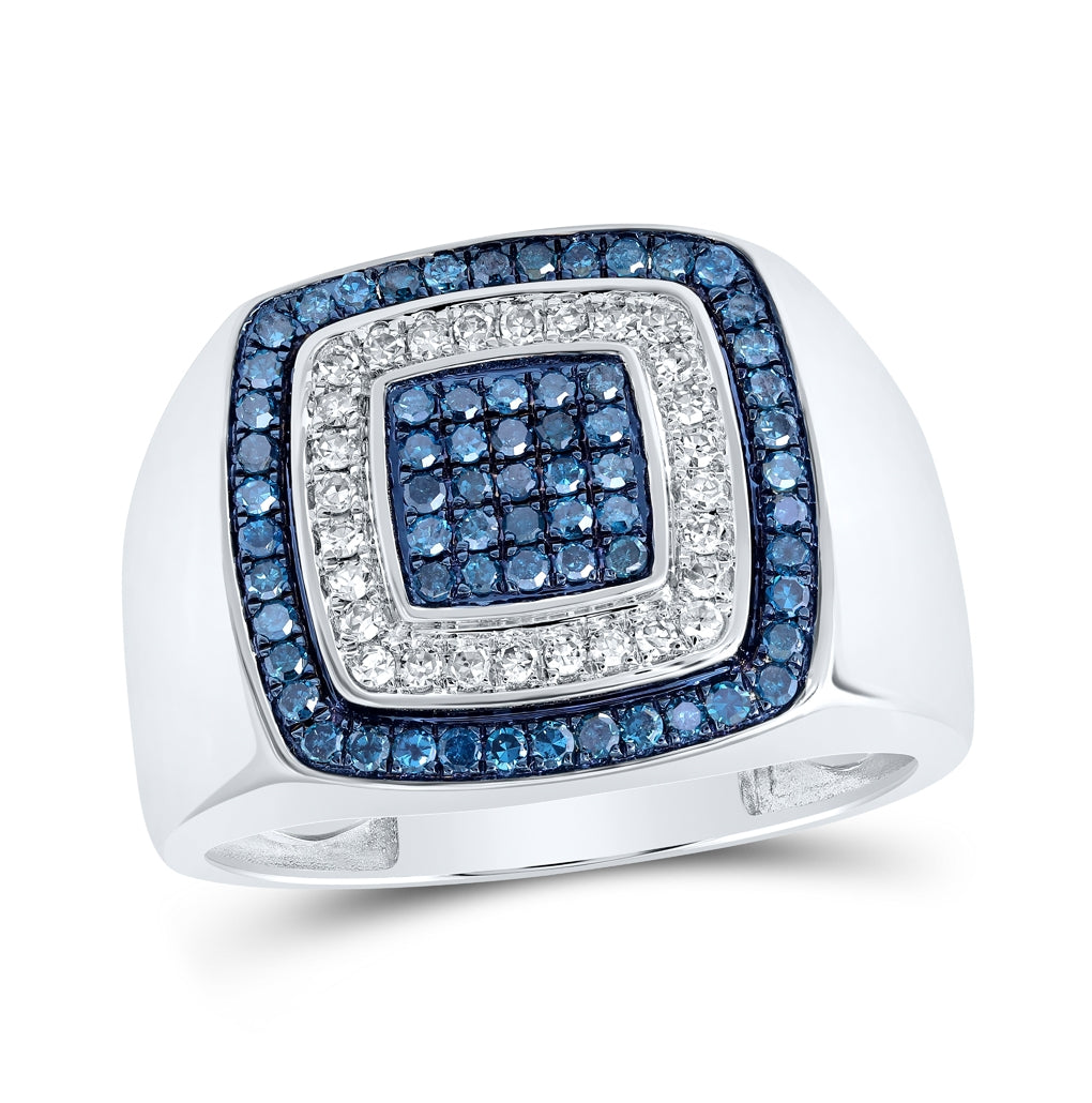 10K White Or Yellow Gold Mens Round Blue Color Treated Diamond Square Ring , Mens Size: 7-13