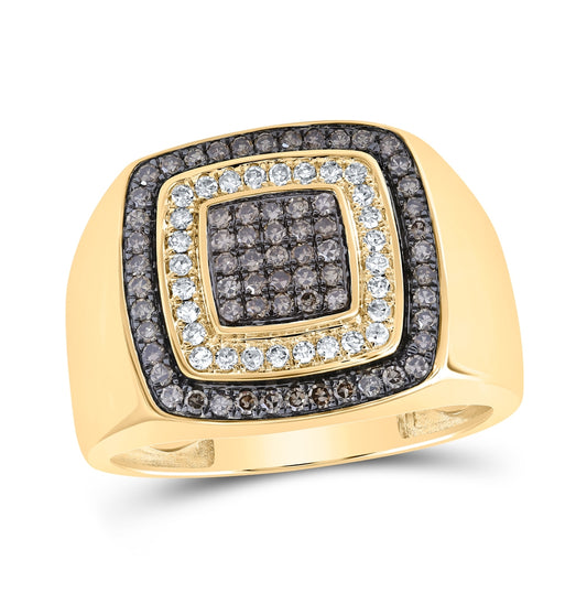 10K Yellow Gold Mens Round Brown Diamond Square Ring 3/4 Cttw, Mens Size: 7-13
