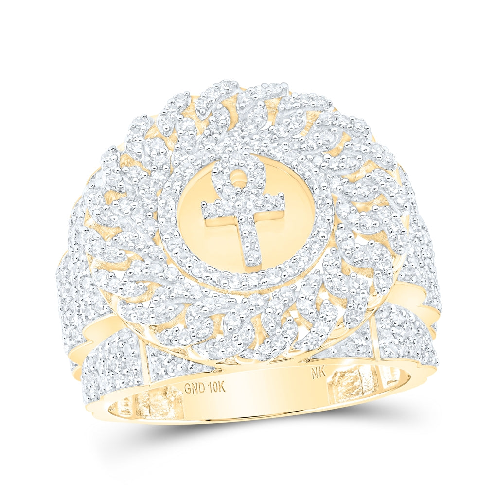 10K Yellow Gold Mens Round Diamond Ankh Circle Cuban Link Ring 2 Cttw, Mens Size: 7-13