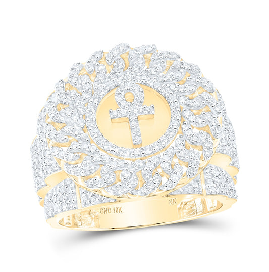 10K Yellow Gold Mens Round Diamond Ankh Circle Cuban Link Ring 2 Cttw, Mens Size: 7-13