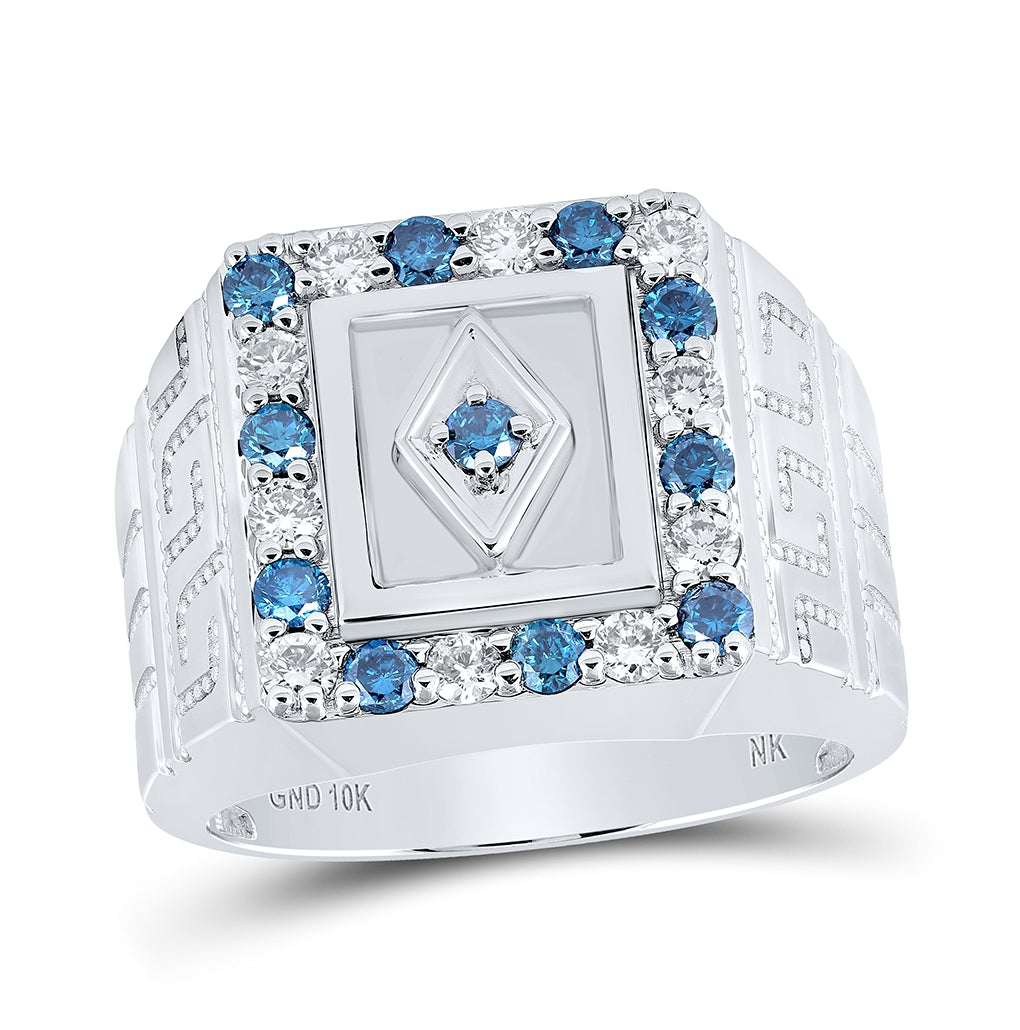 10K White Or Yellow Gold Mens Round Blue Color Treated Diamond Square Ring, Mens Size: 7-13