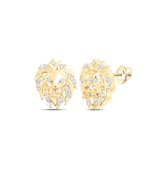 10K Yellow Gold Round Diamond Lion Face Stud Earrings 1/12 Cttw