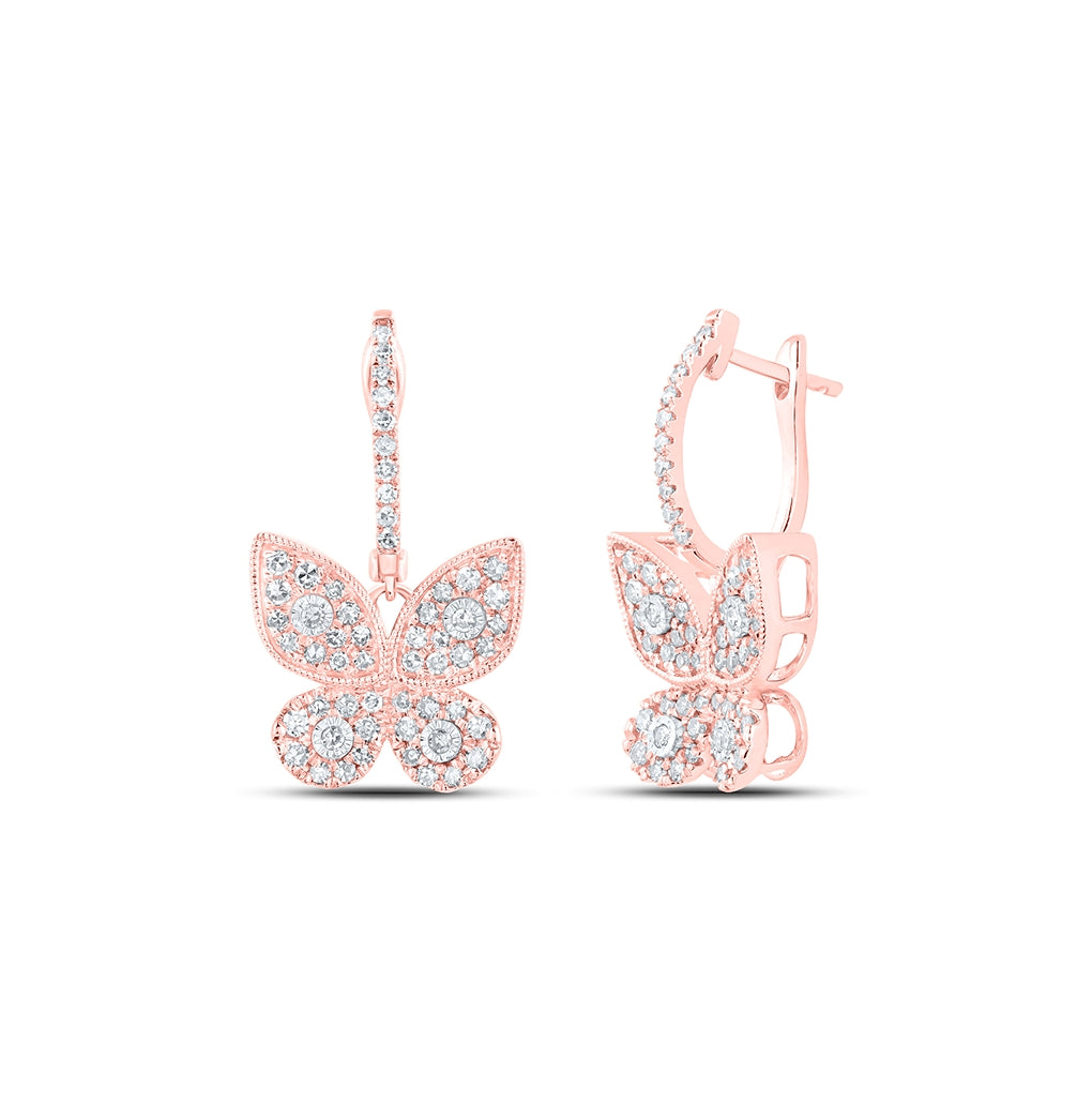 10K Yellow Or White Or Rose Gold Womens Round Diamond Butterfly Earrings