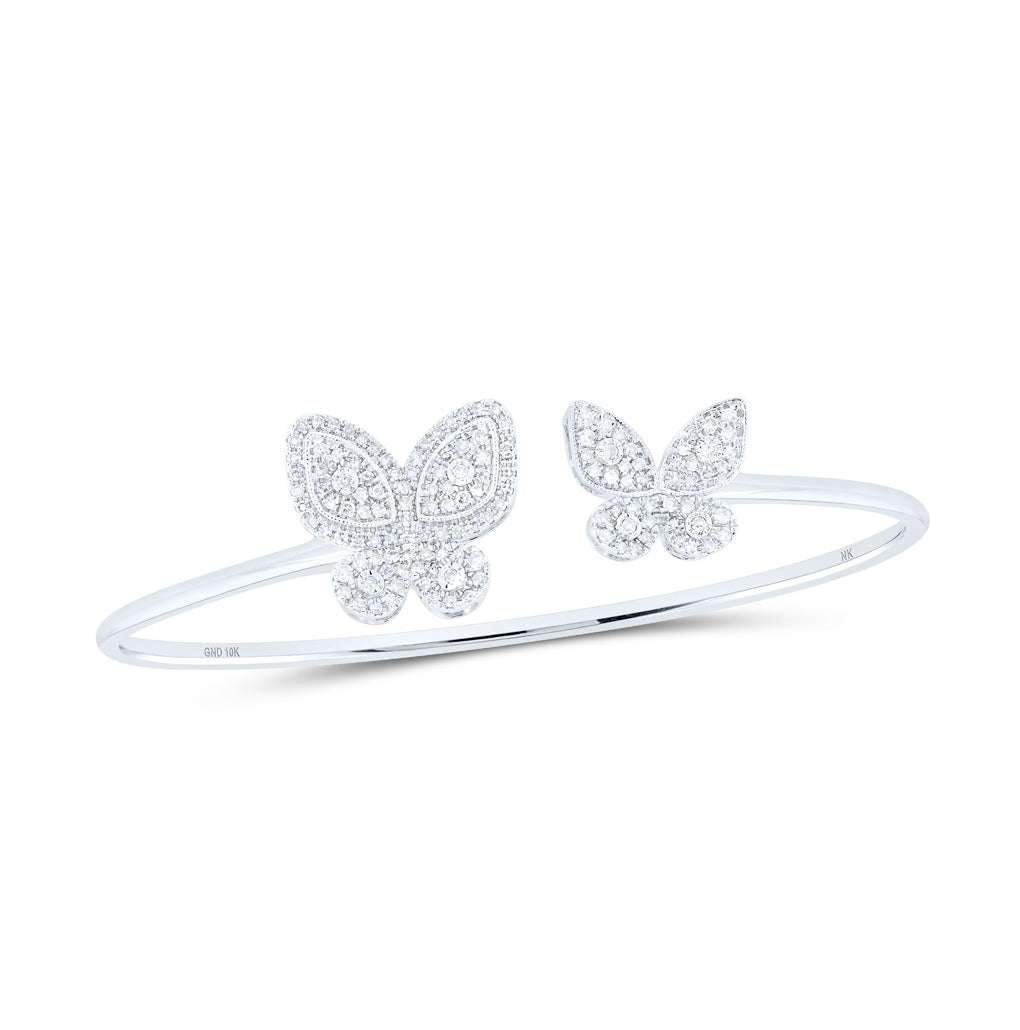 10K White Or Yellow Gold Womens Round Diamond Butterfly Bangle Bracelet