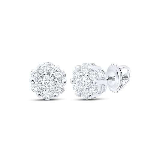10K White Gold Women's Round Diamond Flower Cluster Earrings 1/2ctw