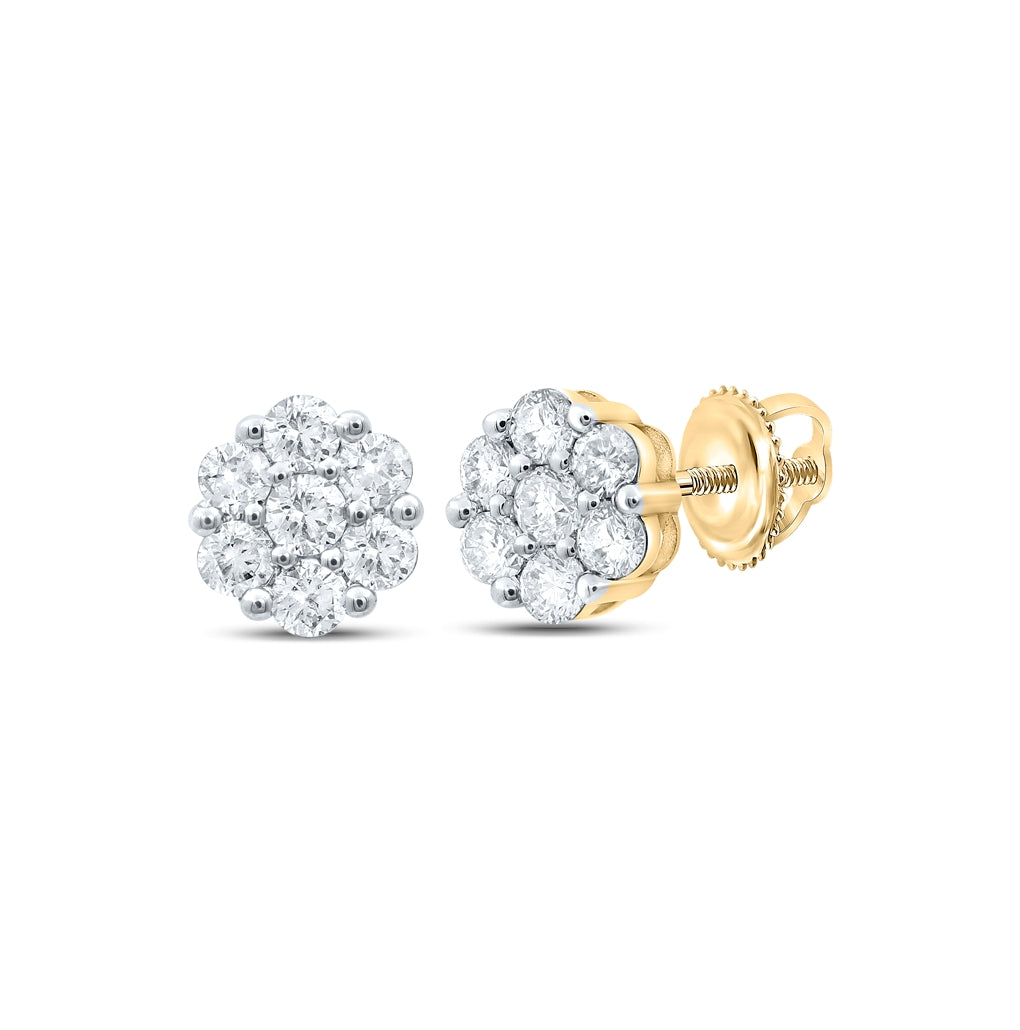 10K Yellow Gold Womens Round Diamond Flower Cluster Earrings 1ctw