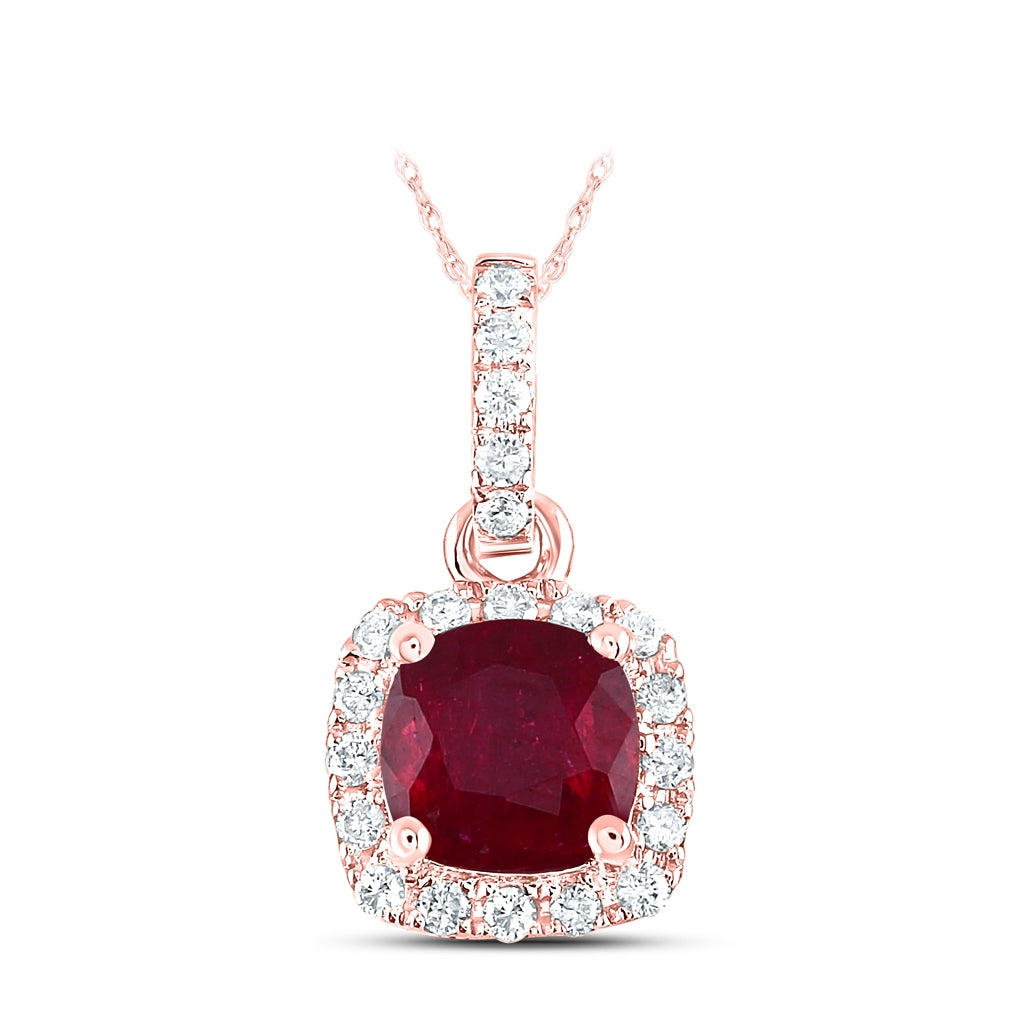 14K Rose Gold Womens Cushion Ruby Solitaire Diamond Halo Pendant 3/4 Cttw