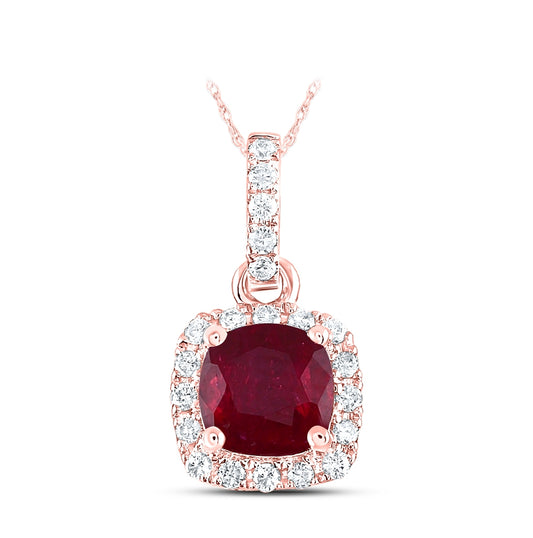 14K Rose Gold Womens Cushion Ruby Solitaire Diamond Halo Pendant 3/4 Cttw