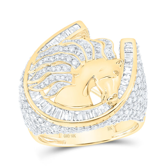 10K Yellow Gold Mens Baguette Diamond Horseshoe Ring 3-1/3 Cttw, Mens Size: 7-13