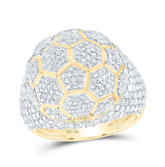 10K Yellow Gold Mens Round Diamond Soccer Ball Ring 3-3/8 Cttw, Mens Size: 7-13