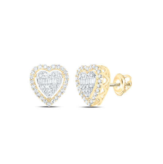 10K White Or Yellow Gold Womens Baguette Diamond Heart Earrings