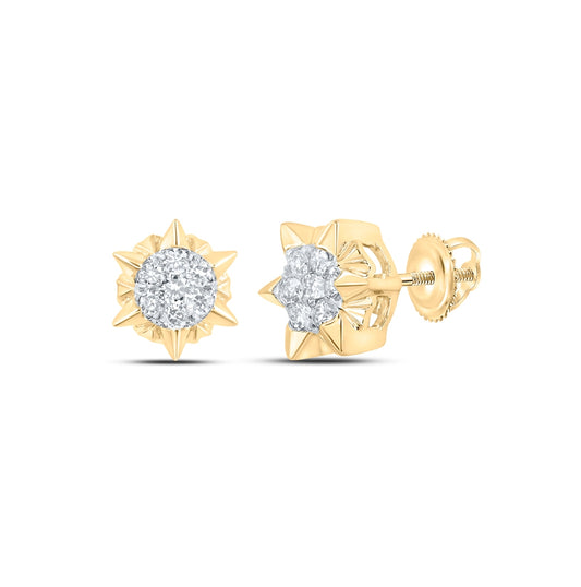 10K Yellow Gold Womens Round Diamond Starburst Cluster Earrings 1/5 Cttw