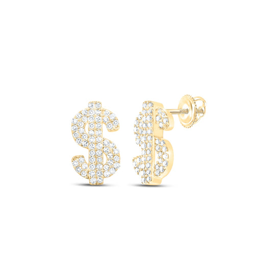 10K Yellow Gold Round Diamond Dollar Sign Stud Earrings 1/3 Cttw
