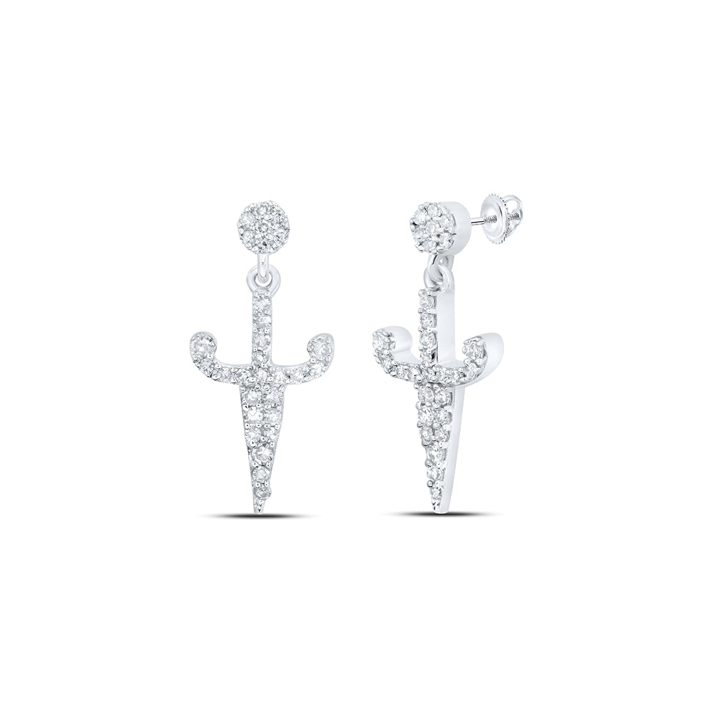 10K White Or Yellow Gold Womens Round Diamond Dagger Dangle Earrings