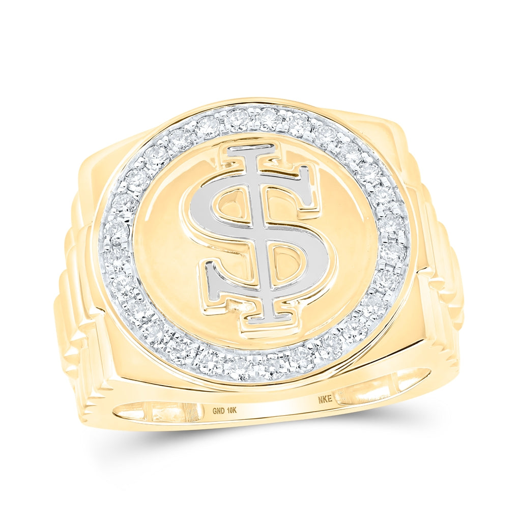 10K Yellow Gold Mens Round Diamond Dollar Sign Circle Ring 1/2 Cttw, Mens Size: 7-13