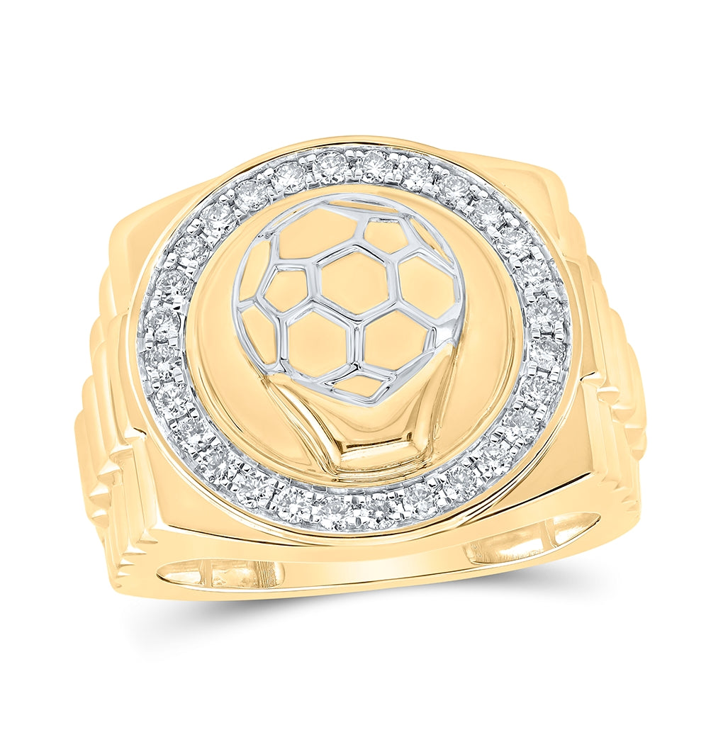 10K Yellow Gold Mens Round Diamond Soccer Ball Circle Ring 1/2 Cttw, Mens Size: 7-13