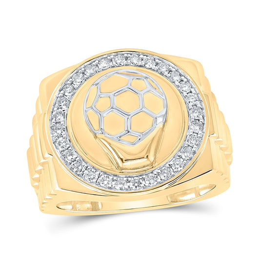 10K Yellow Gold Mens Round Diamond Soccer Ball Circle Ring 1/2 Cttw, Mens Size: 7-13