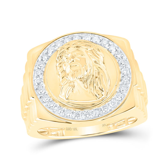 10K Yellow Gold Mens Round Diamond Jesus Face Circle Ring 1/2 Cttw, Mens Size: 7-13